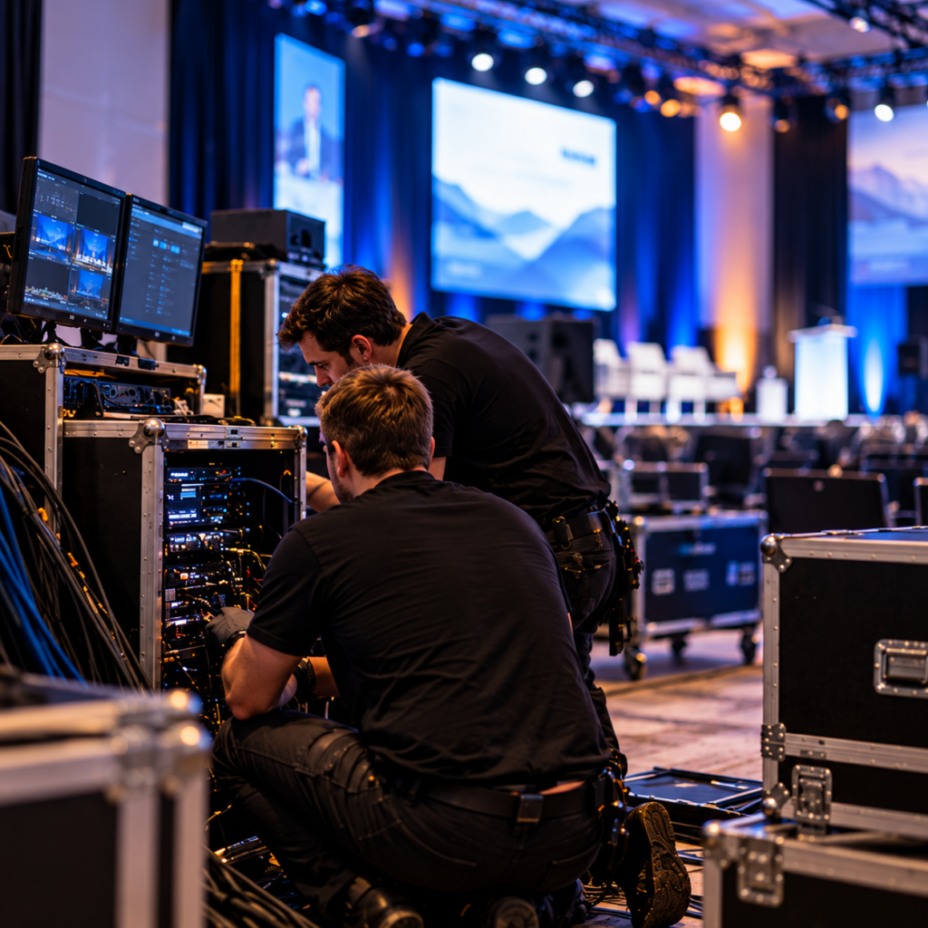 Techniciens audiovisuels installant et configurant une régie vidéo pour un événement professionnel