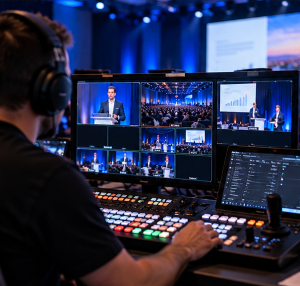 Régie vidéo professionnelle avec écrans de contrôle pour la retransmission en direct d'un événement